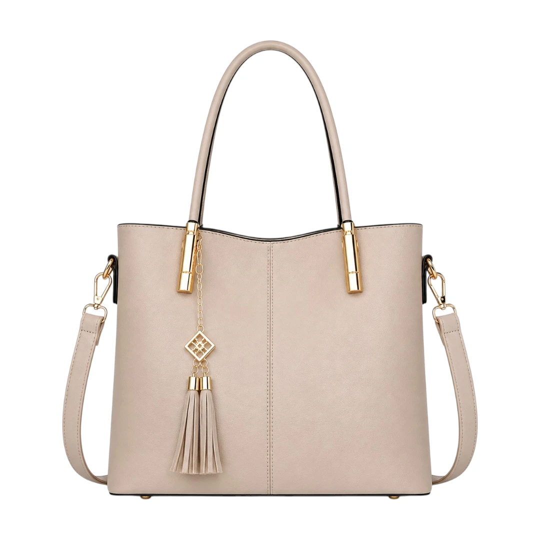 AuraBag Elegant Beige Tassel Tote Handbag